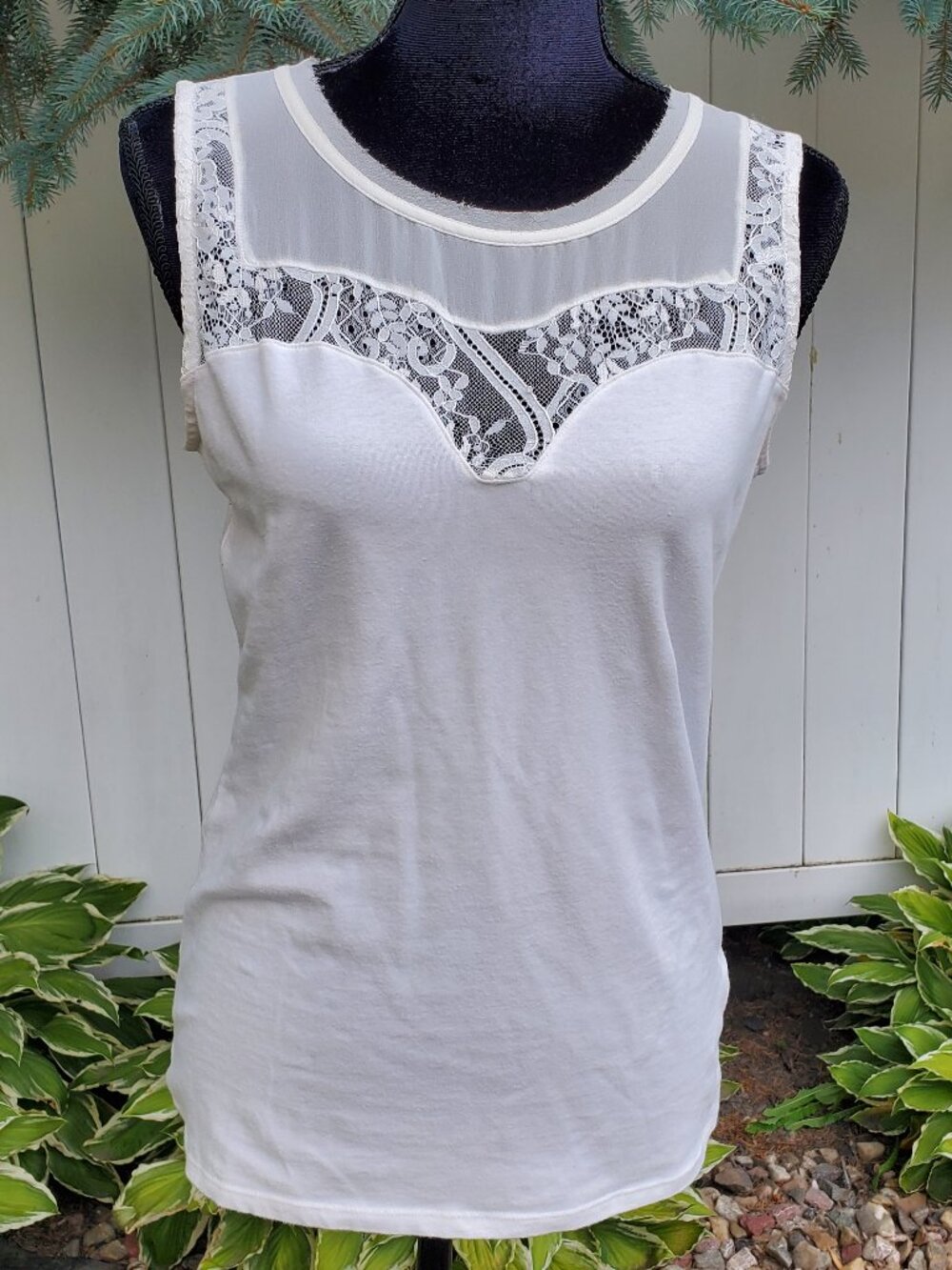 H & M Cream Tank with Lace Detailed Neckline - Size M